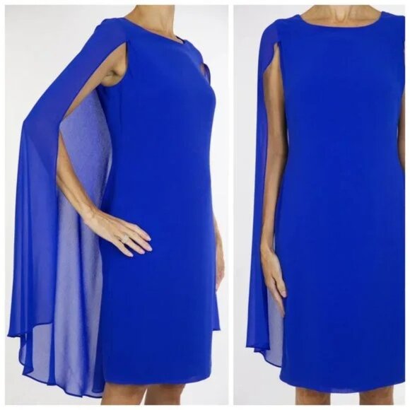 Joseph Ribkoff Chiffon Cape Cocktail Dress 12 Sheath Cobalt Blue NEW - Picture 1 of 14